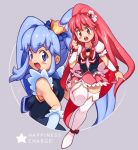  2girls :d :o aino_megumi blue_eyes blue_hair blush boots bow brooch copyright_name crown cure_lovely cure_princess hair_ornament happinesscharge_precure! heart_hair_ornament jewelry long_hair looking_back magical_girl mini_crown multiple_girls open_mouth payot pink_eyes pink_hair pink_skirt ponytail precure purple_background ribbon shiny shiny_skin shirayuki_hime skirt smile thigh-highs thigh_boots twintails white_legwear wrist_cuffs yu_3 