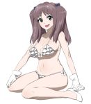  1navel breasts brown_hair gloves green_eyes hair_bobbles hair_ornament high_heels hisakawa_riho large_breasts long_hair looking_at_viewer navel simple_background smile solo white_background 