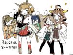  &gt;_&lt; 6+girls :d @_@ ahoge akagi_(kantai_collection) blue_hair brown_hair chibi hiei_(kantai_collection) hiryuu_(kantai_collection) japanese_clothes kantai_collection kongou_(kantai_collection) kuro_yuzu multiple_girls mutsu_(kantai_collection) nontraditional_miko open_mouth personification side_ponytail smile souryuu_(kantai_collection) twintails 