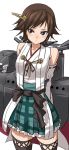  1girl arms_behind_back blue_eyes brown_hair detached_sleeves hair_ornament hiei_(kantai_collection) japanese_clothes kantai_collection machinery minarai_zouhyou nontraditional_miko short_hair solo thigh-highs turret 