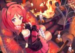  1girl black_gloves blush breasts broom candle candy cleavage elbow_gloves fake_wings gloves halloween head_wings hullabaloo jack-o&#039;-lantern large_breasts lollipop looking_at_viewer love_live!_school_idol_project nishikino_maki redhead short_hair sitting solo spider_web star_print thigh-highs violet_eyes wings zettai_ryouiki 