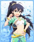  &gt;:d 1girl :d aqua_eyes artist_request belt black_hair blue_background bracelet fang ganaha_hibiki hand_on_hip idolmaster idolmaster_million_live! jewelry long_hair looking_at_viewer midriff navel official_art open_mouth pointing pointing_at_self ponytail smile 