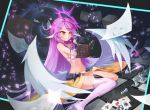  +_+ 1girl angel_wings asymmetrical_legwear book breasts feathered_wings jibril_(no_game_no_life) long_hair low_wings magic_circle midriff navel no_game_no_life pink_hair smile solo white_wings wings yellow_eyes 