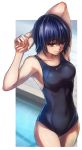  1girl amagami arm_up blue_hair competition_swimsuit covered_navel highres nanasaki_ai one-piece_swimsuit short_hair solo stretch swimsuit todee violet_eyes 