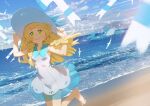  1girl bangs barefoot blonde_hair blue_ribbon blunt_bangs blush braid clouds collared_dress commentary_request day dress eyelashes green_eyes grin hands_up hat hat_ribbon leg_up lillie_(pokemon) long_hair looking_at_viewer outdoors pokemon pokemon_(creature) pokemon_(game) pokemon_sm ribbon sand see-through shamonabe shore sky sleeveless sleeveless_dress smile standing standing_on_one_leg sun_hat sundress teeth toes twin_braids w_arms wailord water white_dress white_headwear wingull 