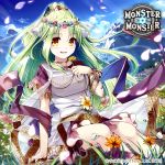  1girl :d brown_eyes copyright_name field flower flower_field flower_on_head green_hair hair_ornament long_hair looking_at_viewer miyase_mahiro monster_monster mountain open_mouth petals ponytail sitting smile solo tagme wind 
