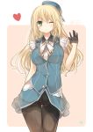  1girl alternate_costume atago_(kantai_collection) blonde_hair breasts character_name green_eyes hat heart kantai_collection kasu_(return) large_breasts long_hair looking_at_viewer military military_uniform pantyhose solo uniform winks 