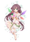  1girl barefoot brown_hair cupping_hands green_eyes long_hair navel original pointy_ears smile solo tagme wings yayoi_(egoistic_realism) 