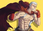  1boy cape fingerless_gloves gloves green_eyes manly muscle persona persona_4:_the_ultimate_in_mayonaka_arena sanada_akihiko scar shirtless solo tight-web white_hair 