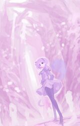  1girl :3 black_legwear blue_eyes bob_cut from_behind hairband highres iseki_(kuroshura_no_tabiji) konpaku_youmu lavender lavender_hair legs looking_back pantyhose short_hair smile solo standing touhou tree 