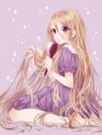 1girl barefoot blonde_hair brush dress koushi_rokushiro long_hair rapunzel_(disney) sitting solo tangled very_long_hair violet_eyes 