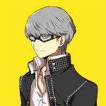 1boy bust glasses grey_hair houndstooth male mami narukami_yuu persona persona_4 short_hair simple_background solo yellow_background 