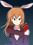  1girl animal_ears blue_eyes charlotte_e_yeager fingerless_gloves gloves highres hiiro3park kill_la_kill koshimizu_ami long_hair long_sleeves military military_uniform orange_hair parody polka_dot polka_dot_background rabbit_ears scowl seiyuu_connection shiny shiny_hair single_glove solo strike_witches uniform 