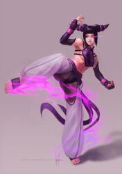  1girl bare_shoulders barefoot black_hair detached_sleeves fighting_stance fingerless_gloves gloves glowing glowing_eye han_juri kicking midriff short_hair street_fighter street_fighter_iv super_street_fighter_iv violet_eyes wen_juinn 