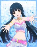  1girl :d armlet artist_request blue_hair bracelet brown_eyes bustier idolmaster idolmaster_million_live! jewelry kitakami_reika long_hair looking_at_viewer midriff navel necklace official_art open_mouth outstretched_arms smile twintails 