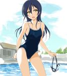  1girl blue_eyes blush collarbone contrapposto goggles goggles_removed long_hair looking_at_viewer love_live!_school_idol_project open_mouth pool school_swimsuit solo sonoda_umi swimsuit tetopetesone yellow_eyes 