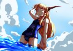  1girl brown_eyes brown_hair flat_chest from_below hair_ornament hair_tubes hand_on_own_head horns ibuki_suika in_water looking_at_viewer notice_(kou) parted_lips school_swimsuit sky solo swimsuit tagme touhou 