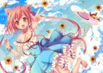  1girl animal_ears bare_shoulders barefoot breasts cat_ears cat_tail cleavage dress fang flower hat hat_removed headwear_removed long_hair mitsuhachi8 original pink_hair sky smile solo tail twintails yellow_eyes 