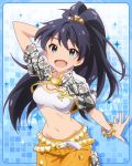  1girl :d aqua_eyes black_hair bracelet fang ganaha_hibiki idolmaster idolmaster_million_live! jewelry long_hair looking_at_viewer midriff navel official_art open_mouth ponytail pose smile 