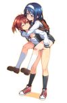  2girls antenna_hair bandaid bandaid_on_knee black_legwear blue_eyes blue_hair blush carrying futaba_aoi_(vividred_operation) hairband highres isshiki_akane long_hair michairu multiple_girls one_eye_closed piggyback school_briefcase school_uniform short_hair short_shorts shorts simple_background smile twintails vividred_operation white_background white_legwear 