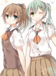  2girls :3 alternate_costume aqua_hair blue_eyes blush character_name green_eyes hair_ornament hairclip kantai_collection kasu_(return) kumano_(kantai_collection) long_hair looking_at_viewer multiple_girls patterned_background pleated_skirt school_uniform skirt smile solo suzuya_(kantai_collection) translated white_background winks 