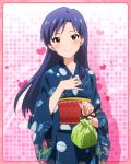  1girl artist_request blue_hair brown_eyes idolmaster idolmaster_million_live! japanese_clothes kisaragi_chihaya long_hair official_art pink_background solo 