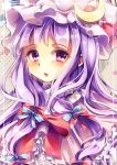  1girl aliprojectlove blush bow crescent hair_bow hat long_hair patchouli_knowledge purple_hair solo touhou violet_eyes 