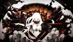  1girl akakitsu black_nails breasts cleavage covered_mouth dress eyelashes hand_on_own_chest horns kantai_collection large_breasts long_hair machinery midway_hime pale_skin red_eyes saliva shinkaisei-kan solo teeth turret very_long_hair white_dress white_hair white_skin 