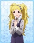  1girl :d artist_request blonde_hair emily_stuart hairband hands_together idolmaster idolmaster_million_live! interlocked_fingers long_hair looking_at_viewer necktie official_art open_mouth smile solo star twintails violet_eyes 