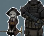  1girl absurdres armor blonde_hair bomb_suit green_eyes gun hat highres load_bearing_vest long_dress machine_gun original simple_background size_difference smile steeam visor weapon witch witch_hat 