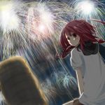  1girl :/ blurry casual cup depth_of_field fireworks looking_at_viewer looking_back original red_eyes redhead sasahara_wakaba sitting solo summer tagme teacup 