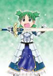  1girl armor cosplay excalibur fate/stay_night fate_(series) green_eyes green_hair koiwai_yotsuba parody quad_tails saber saber_(cosplay) solo yotsubato! 