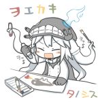  1girl blush_stickers bodysuit breathing_fire cape chibi closed_eyes crayon drawing fire gloves i-class_destroyer kantai_collection monster musical_note open_mouth paintbrush pale_skin shinkaisei-kan solo tentacles turret wo-class_aircraft_carrier yuasan 