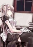  1girl apron black_eyes book boots chair crossed_legs glasses gloves highres long_hair maid maid_headdress original pointy_ears silver_hair sitting solo thigh-highs touma_raito white_gloves window 