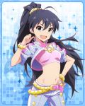  &gt;:d 1girl :d aqua_eyes artist_request belt black_hair bracelet fang ganaha_hibiki hand_on_hip idolmaster idolmaster_million_live! jewelry long_hair looking_at_viewer midriff navel official_art open_mouth pointing pointing_at_self ponytail smile 