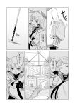  1girl bangs blunt_bangs comic fairy_(kantai_collection) fingerless_gloves gloves hair_ribbon headgear kantai_collection katana long_hair monochrome murakumo_(kantai_collection) nathaniel_pennel open_mouth pantyhose pointing pointing_forward ribbon school_uniform serafuku smile solo sword translation_request weapon 