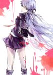  1girl blood braid chouette dangan_ronpa gloves hair_ribbon kirigiri_kyouko long_hair purple_hair ribbon school_uniform skirt solo violet_eyes 