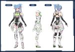  1girl armor bare_shoulders blue_hair breasts cleavage concept_art hair_ornament leotard phantasy_star phantasy_star_online_2 pointy_ears red_eyes sega short_hair simple_background solo thigh-highs twintails 