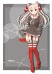  1girl amatsukaze_(kantai_collection) arms_behind_back blush brown_eyes choker garter_straps hyuuga_azuri kantai_collection long_hair looking_at_viewer red_legwear rensouhou-kun school_uniform see-through serafuku silver_hair smile solo striped striped_legwear thigh-highs twintails zettai_ryouiki 