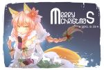  .hack// 1girl 2012 animal_ears blue_background braid christmas dated detached_sleeves dress fingerless_gloves flower fox_ears fox_tail gloves green_eyes guilty_dragon hair_flower hair_ornament highres holly kokore_(guilty_dragon) long_hair merry_christmas pink_hair poinsettia quad_tails smile solo soszoz tail 