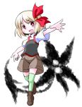 1girl :d alternate_costume blonde_hair darkness fang hair_ribbon kugelschreiber open_mouth red_eyes ribbon rumia short_hair short_sleeves shorts simple_background smile t-shirt touhou white_background 