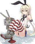  1girl anchor_hair_ornament blonde_hair elbow_gloves gloves green_eyes hairband highleg highleg_panties kantai_collection knees_up microphone panties rensouhou-chan shimakaze_(kantai_collection) sitting solo spitfire99 striped striped_legwear thigh-highs twitter_username underwear white_gloves 