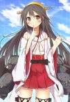  1girl black_hair brown_eyes detached_sleeves finger_to_mouth hair_ornament hairband hairclip haruna_(kantai_collection) kantai_collection long_hair looking_at_viewer machinery nontraditional_miko pleated_skirt sasahara_wakaba skirt solo tagme turret 