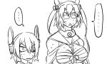  ... 2girls bare_shoulders budget_sarashi comic eyepatch glasses headgear kantai_collection monochrome multiple_girls musashi_(kantai_collection) sarashi short_hair sweat tenryuu_(kantai_collection) tonda triangle_mouth twintails 