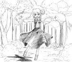  1girl :d ascot forest hair_ribbon highres imakyo monochrome nature open_mouth outstretched_arms ribbon rumia shirt short_hair sketch skirt smile spread_arms touhou vest wing_collar 