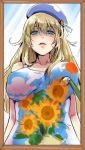  1girl alternate_costume atago_(kantai_collection) blonde_hair blush breasts commentary_request green_eyes hat kantai_collection large_breasts long_hair looking_at_viewer nonco paintbrush painting_(object) smile solo 