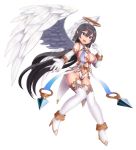  1girl angel angel_wings black_hair blush breasts cleavage elbow_gloves gloves halo high_heels highres large_breasts long_hair looking_at_viewer moutama open_mouth original outstretched_hand pointy_ears simple_background thigh-highs violet_eyes white_background white_gloves white_legwear wings 