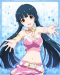  1girl :d armlet artist_request blue_background blue_hair bracelet brown_eyes bustier idolmaster idolmaster_million_live! jewelry kitakami_reika long_hair looking_at_viewer midriff navel necklace official_art open_mouth outstretched_arms smile twintails 