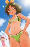  2girls :d :o ^_^ ball bare_shoulders beachball bikini blush blush_stickers bow closed_eyes clouds covered_navel green_eyes green_hair hair_bow hands_on_hips hoshizora_miyuki kuga_yoshito long_hair looking_down midorikawa_nao multiple_girls one-piece_swimsuit one-piece_tan open_mouth pink_hair ponytail precure sky smile smile_precure! sweat swimsuit tan tanline twintails 