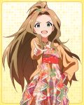  &gt;:d 1girl :d brown_hair green_eyes hand_on_hip idolmaster idolmaster_million_live! jewelry long_hair looking_at_viewer necklace nikaidou_chizuru official_art open_mouth pointing pointing_at_viewer ponytail smile very_long_hair 
